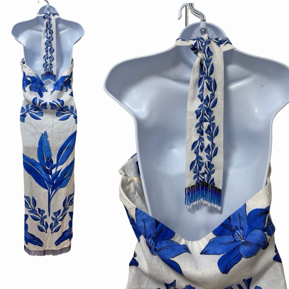 Farm Rio Blue Yard Office White Sleeveless Halter Maxi Dress Size L Tropical NEW - Picture 3 of 16